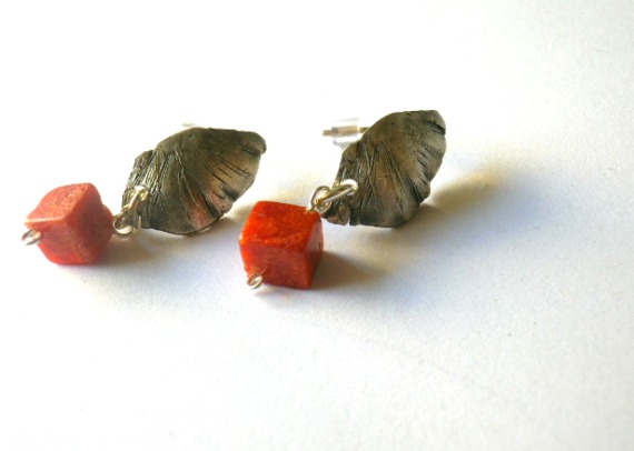 Coral Ear Studs Oxidised Sterling Silver Textured Petals Red-lost Wax Method