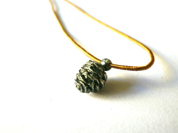 Pine Cone Necklace-tiny -golden Brown Silk Thread-lost Wax Method-oxidised-nature